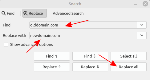 В полето “Find” въвеждате старият Ви домейн, а в полето “Replace with” новия и натискате на “Replace all”.